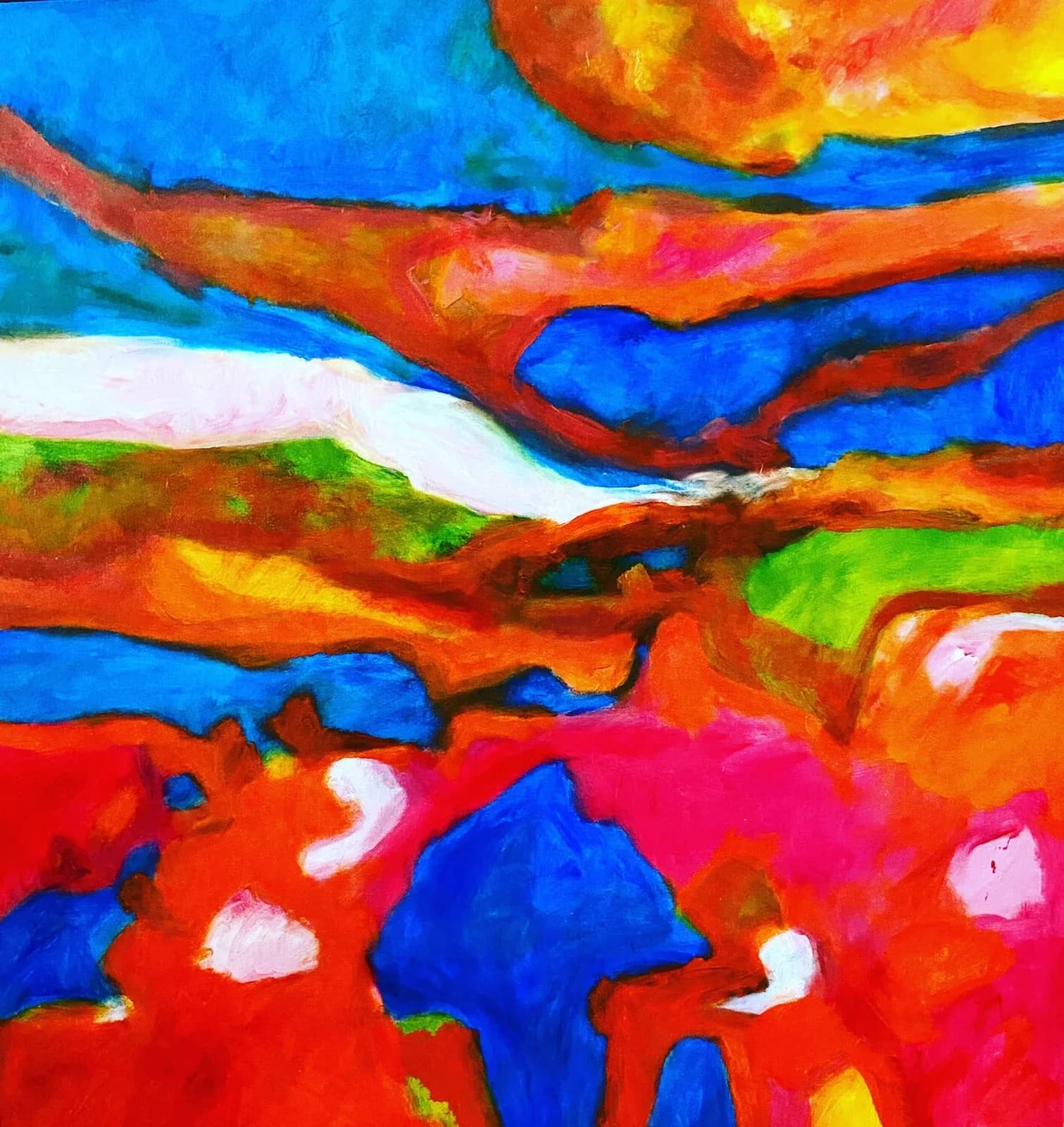 Vibrant painting with red, yellow and blue abstract forms
